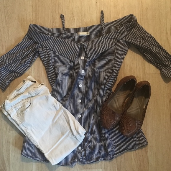 Pinstripe Off Shoulder Button Down Shirt - Picture 4 of 5